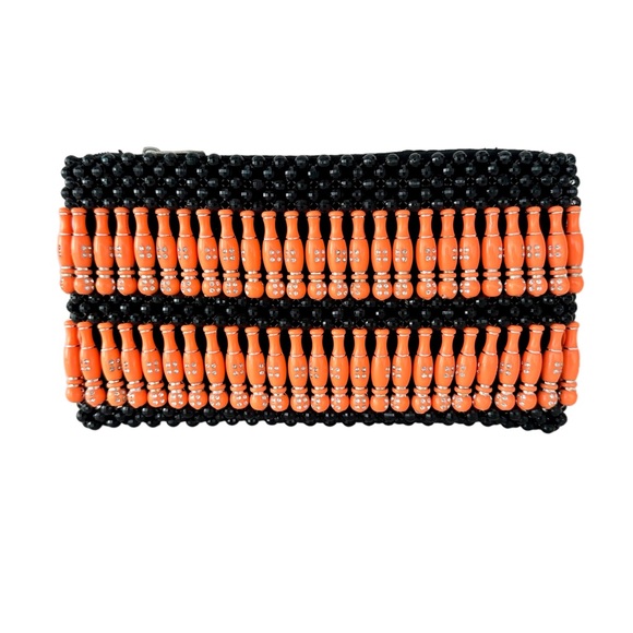 None Handbags - Black and Orange Beaded Clutch Purse Zipper Closure